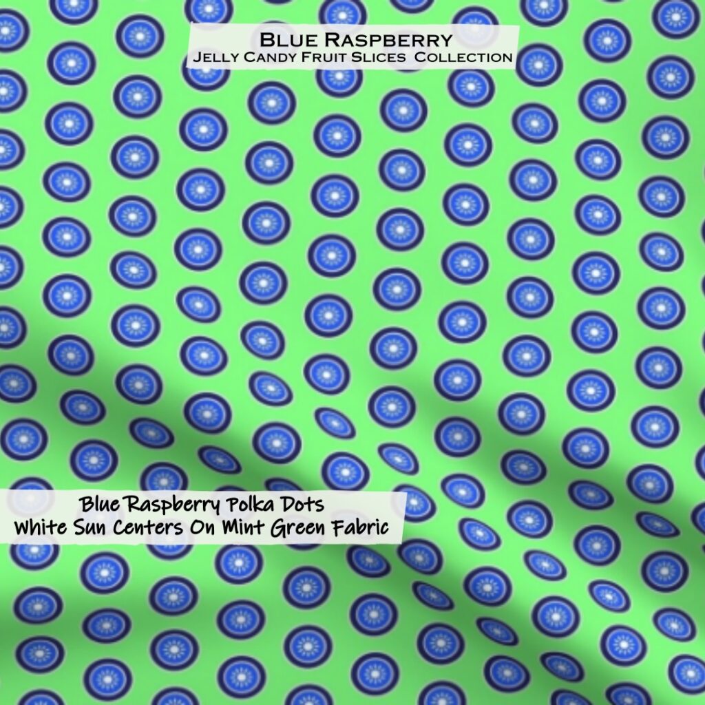 Blue Raspberry Polka Dots White Sun Centers On Mint Green Fabric