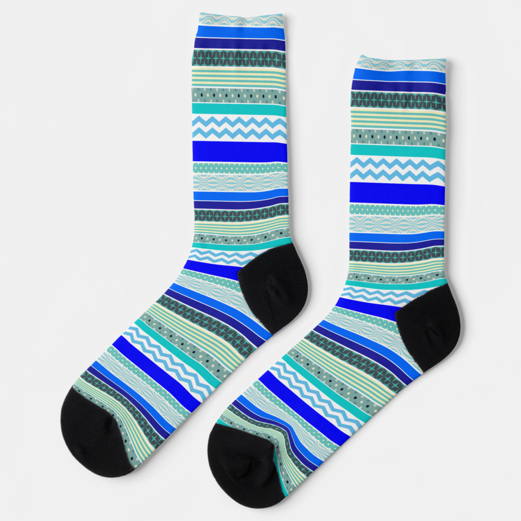 Zazzle Fun, Colorful, Patterned Blue Stripes Socks (Left)