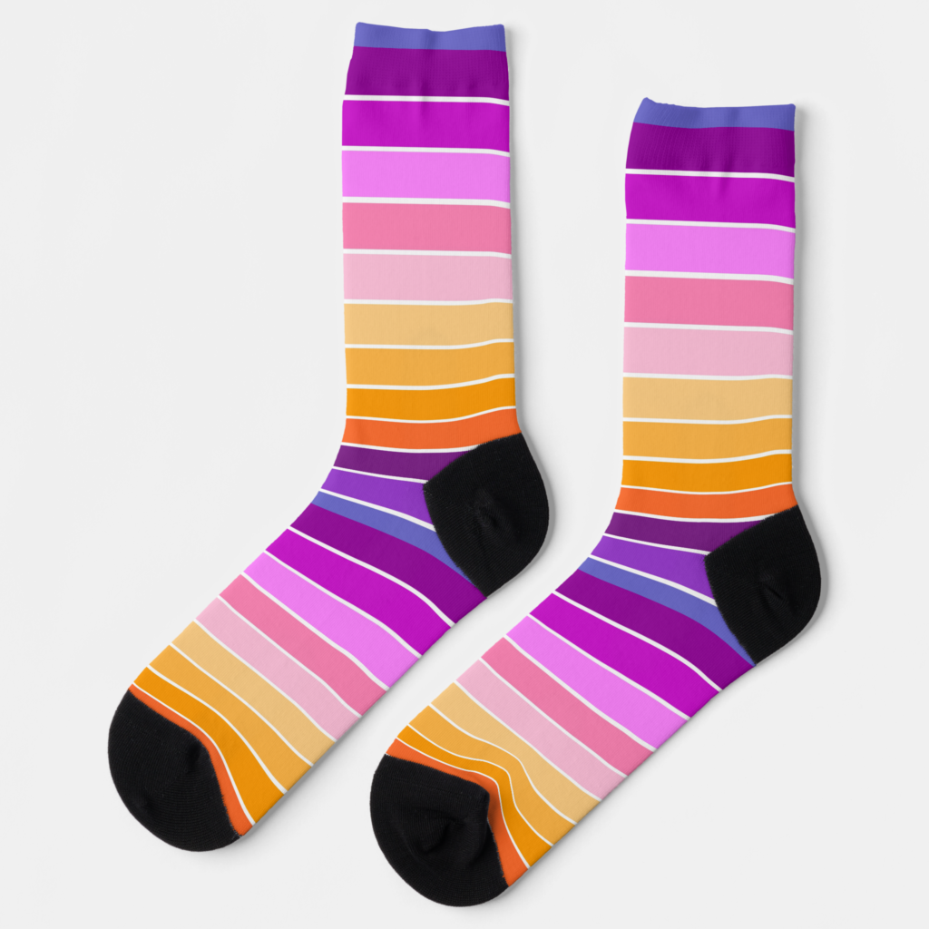 Zazzle Sunset Stripes Orange, Pink, Purple, Lavender Socks (Left)