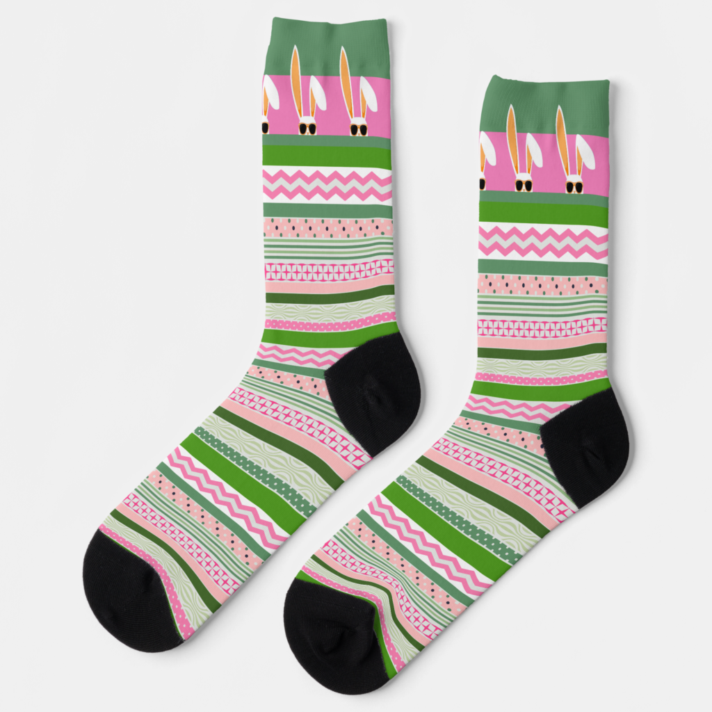 Zazzle White Rabbits on Pink and Green Stripes, Easter Socks (Left)